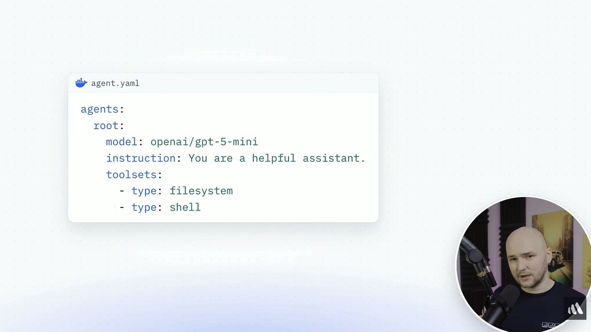 Docker's tweet photo. Too much Python boilerplate to get an agent running? 

@BetterStackHQ covered how to use Docker Agent to simplify it: one YAML file, one command, agents talking to each other with nothing more than a URL. Real debugging demo and a battleship match to finish. 

Watch here: https://t.co/P1IRZYFoxs