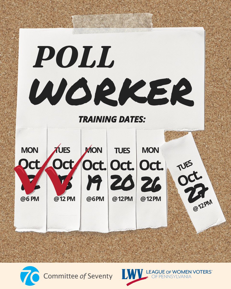 Committeeof70's tweet photo. 4 DATES LEFT.

There are 4 poll worker info session dates left! Have questions about being a poll worker? Join C70 for a live info session and get your questions answered by an expert. 

Sign up for an upcoming session: https://t.co/RhHXbtK1fc https://t.co/JKNaQvl7RV