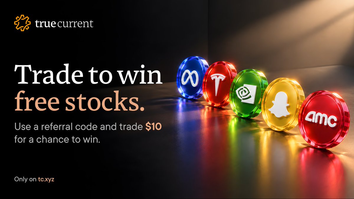TrueCurrentX's tweet photo. Trade to win free stocks worth $5,000 🎁
Use any referral code; trade $10 for a chance to win!
$META $TSLA $NVDA $SNAP  $AMC https://t.co/kS0uDDF4ZU