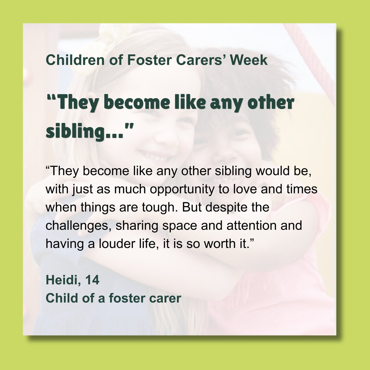 lb_southwark's tweet photo. What is it like when a foster child joins your family? @fosteringnet 

Heidi, 14, shares what it’s like growing up alongside foster children - from the challenges to the laughter and memories.

Could your family make space for a child? 💚

Learn more about the rewards of fostering by watching a day in the life of two different types of foster families: https://t.co/s1zWMMHZmW

#ChildrenOfFosterCarersWeek