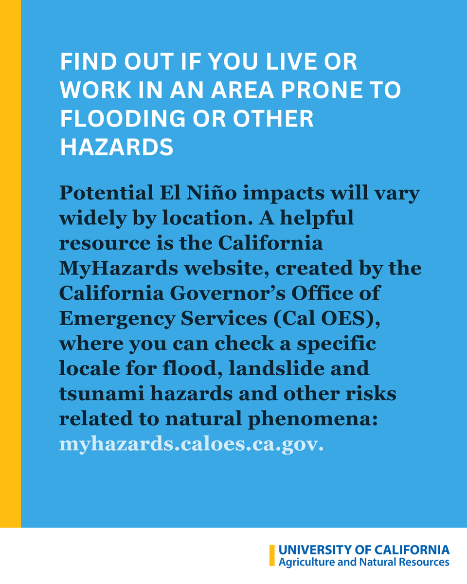 ucanr's tweet photo. Are you ready for a powerful #ElNiño? UC ANR climate scientist Daniel Swain warns of increased flood and storm risks this winter. 

UC ANR experts share 10 steps to prepare. Find all tips and resources here: https://t.co/MSyVUmB8eU

@Weather_West @ucanrwater
#CAwx https://t.co/pFQ9H1QLl1