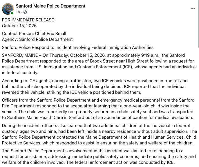 SteveRob's tweet photo. Developing in Maine: Model "New American" crashes car into ICE vehicle with a toddler unsecured in the vehicle, while two other kids are at home unsupervised.

The identity of the illegal alien apprehended by ICE this AM has not been released. https://t.co/dZd6uJP0Fm