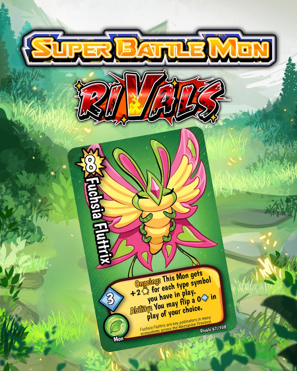 ScienceQuinn's tweet photo. Fuchsia Fluttrix are key pollinators in many ecosystems across the Mezzanine Province. 

=====What’s Super Battle Mon?===========
Big battles, tiny decks, zero barriers.

Super Battle Mon is an ultra fast TCG you can play anywhere in 3 minutes with 7-card decks, no table required https://t.co/kk964Aei8W