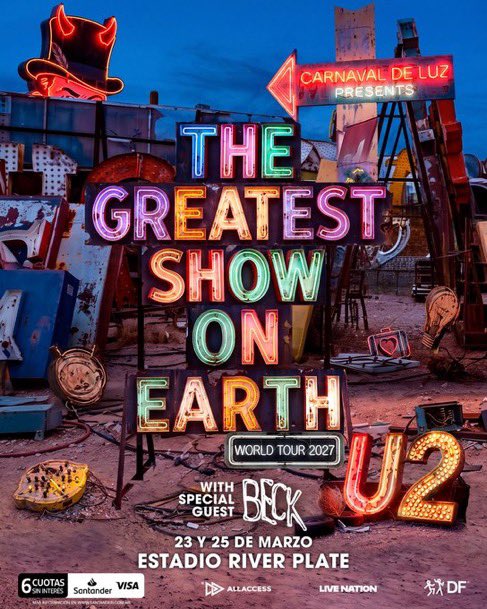 fedeebongiorno's tweet photo. 🎫 U2 EN ARGENTINA

📆 23 y 25 de marzo de 2027
🏟️ Estadio River Plate 
🎤 Artista invitado: Beck 

Preventa exclusiva con Santander VISA a partir del miércoles a las 10AM https://t.co/v7HP9WnTQr