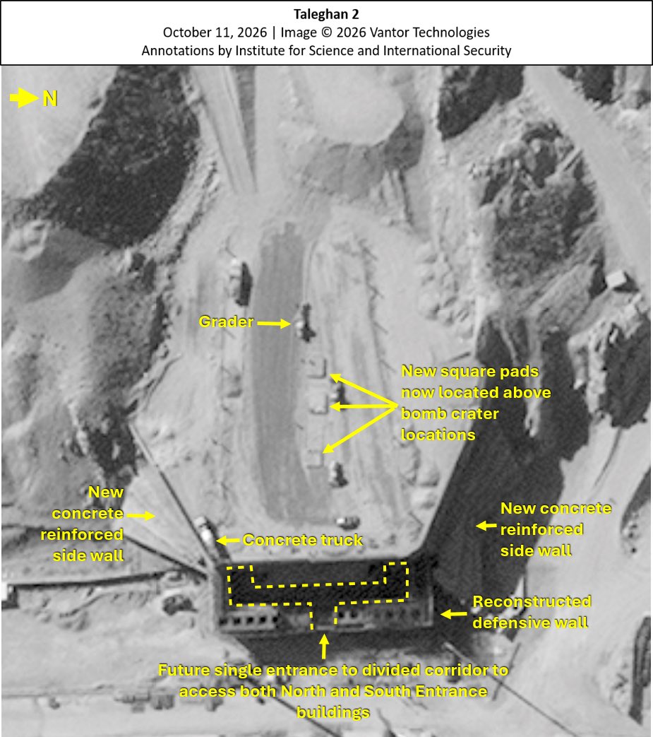 TheGoodISIS's tweet photo. Recent @vantortech satellite imagery from October 2026 of the second reconstruction effort at the Taleghan 2 nuclear weapons related R&D facility shows that this effort is progressing rapidly. The facility was first bombed by Israel in October 2024. Despite Iran having expanded and hardened the facility after the first bombing (REF 1), Israel used bunker buster bombs to again attack the facility as well as destroy additional structures around the site (REF 2).  Since March 2026, Iran has repaired the roof covering, most recently adding three concrete pads directly over the penetration holes, possibly to serve as hatchways or vents. Whatever their function, associated construction activity was concealed by temporary tarp coverings in September (REF 3). Other work included reinforcing the structure with two stepped concrete side walls, and completing a new hardened entrance way that was damaged in the last bombing. This effort has been an intensive undertaking by Iran to reconstruct the facility, but when it could become operational is unclear. The reasoning why Iran is reconstructing a well known and well characterized facility is perplexing, but, at a minimum, it shows that Iran wants to reestablish its lost capabilities there. Below are several images showing the current state of construction since the facility was destroyed by an airstrike in March 2026. 

REF 1: https://t.co/I6TMkFnvvK
REF 2: https://t.co/jLeqHsFHRf
REF 3: https://t.co/0j4sJwBMlB
