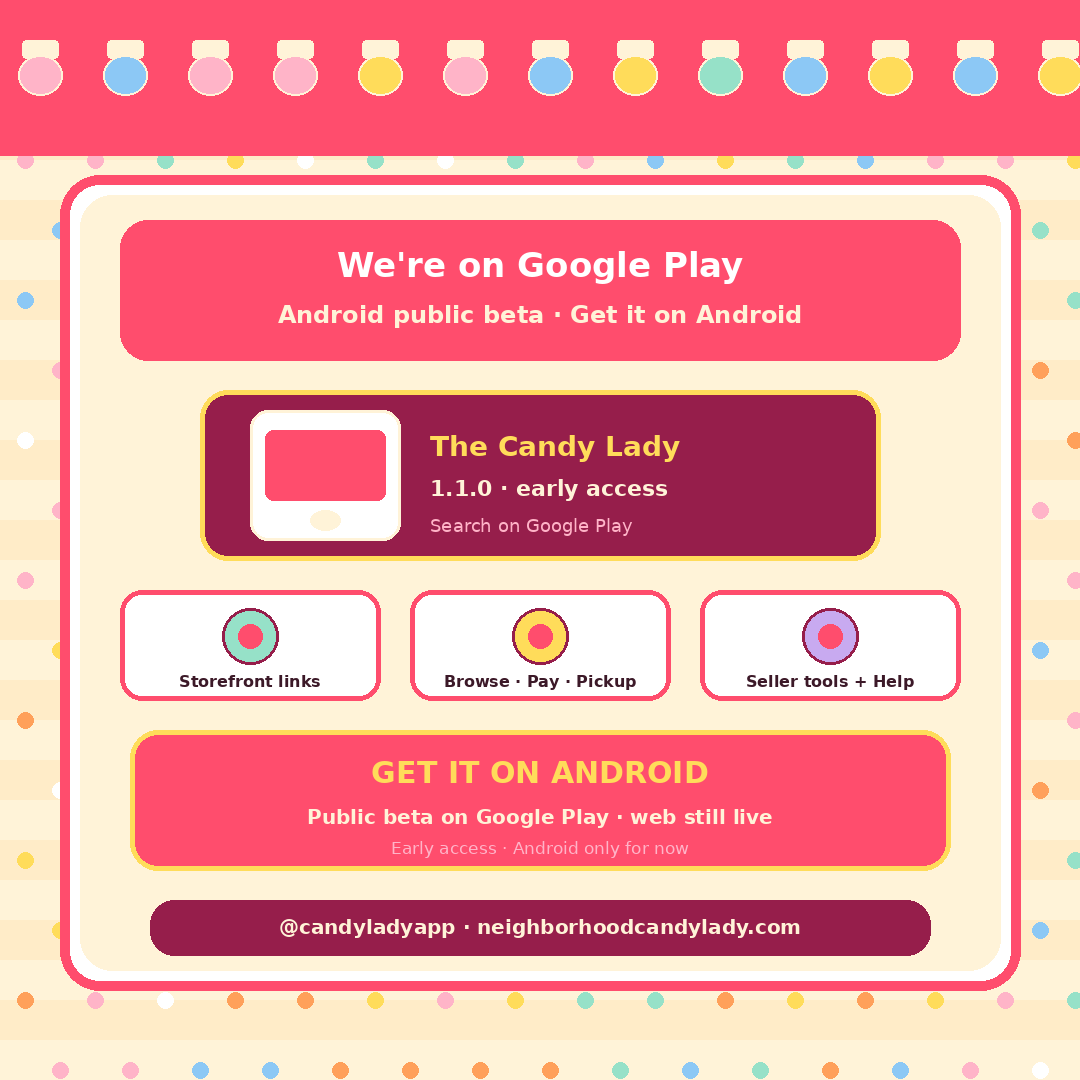 Candyladyapp's tweet photo. The Candy Lady is on Google Play 🍭 Android public beta — get it on Android: https://t.co/IoIGbh4l9t
Browse · Pay · Pickup. Web live. #TheCandyLady #CherryHill https://t.co/B2jZnHVAeO