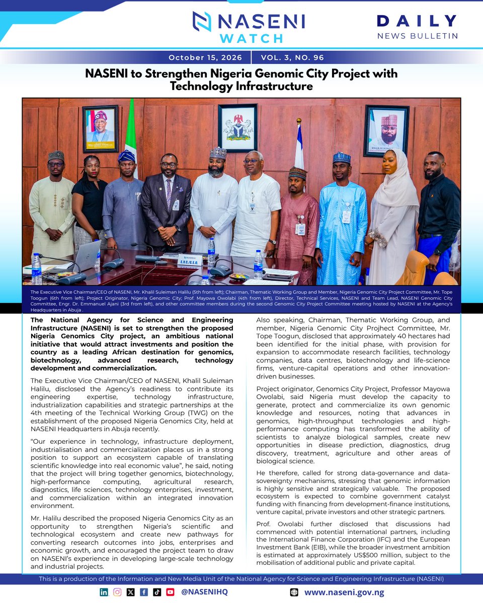 NASENIHQ's tweet photo. NASENI to Strengthen Nigeria Genomic City Project with Technology Infrastructure 

#ANewNASENI #NASENIWatch #DailyReview #Science #InfinitePossibilities https://t.co/CMl0nyG0Zw