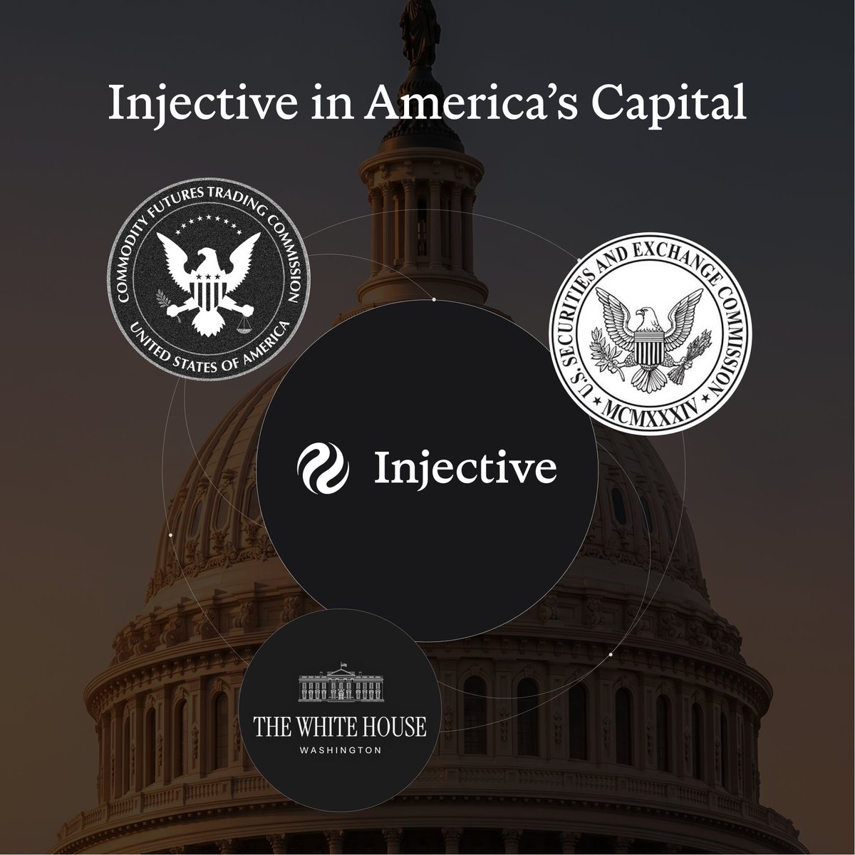 injective's tweet photo. Injective CEO @ericinjective met with officials from the White House, SEC and CFTC in Washington yesterday. He was joined by our General Counsel, Head of Policy and Head of Research.

Injective has quietly built the foundation for tokenization to thrive in America, inside the regulatory framework and in direct collaboration with the U.S. government and major regulatory bodies.

→ Injective Institutional Services became an @SECGov registered transfer agent in August, giving tokenized securities on Injective official ownership records
→ $INJ joined the select group of crypto assets with @CFTC regulated futures listed here in the U.S.
→ Injective Mint gives issuers a compliant way to bring real world assets onchain
→ In 2025 we proposed a time based exemption for DeFi builders to the SEC Crypto Task Force. The SEC issued its Innovation Exemption last month, and we are working to extend that relief so American builders can launch here instead of offshore
→ We filed an additional comment letter with the SEC making the case that DeFi lending is not a securities transaction
→ The Injective Summit brought @WhiteHouse officials, sitting senators and members of Congress from both sides of the aisle together to work on the future of onchain finance
→ The Injective Policy Institute is continuing to work with lawmakers in D.C. on clear rules for tokenization, DeFi and onchain perpetuals

The rules for onchain capital markets are being set right now, and Injective is at the table with the people setting them.