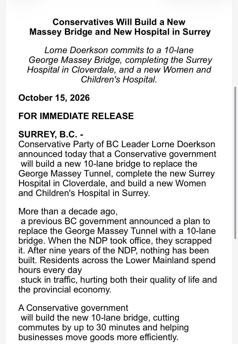 Ben_oharabyrne's tweet photo. Doerkson has no media avail today but Conservatives did release a major infrastructure announcement saying they’ll scrap the Massey Tunnel replacement and build a bridge instead “a Conservative government will build a new 10-lane bridge to replace the George Massey Tunnel” https://t.co/5eKkDvL7fY
