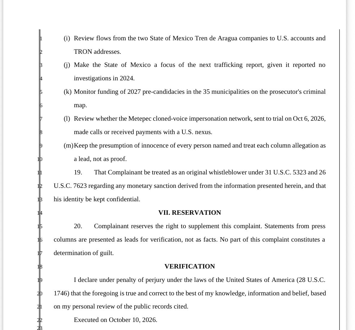 SimonLevyMx's tweet photo. I have submitted a confidential complaint to @TheJusticeDept, @USTreasury, @FinCENnews, @HSI_HQ, and @StateDept requesting a federal investigation into alleged organized crime networks, money laundering, illicit financial flows, and potential political financing in the State of Mexico, including an examination of any relevant connections involving :

1. Governor Delfina Gómez, 

2. Horacio Duarte Olivares, 

3. Andrés Manuel López Beltrán, 

4. the State of Mexico Attorney General, and any other individuals or entities identified through the investigation. 

The complaint requests that U.S. authorities determine whether federal laws have been violated, trace financial transactions linked to OFAC-designated criminal organizations, and establish individual responsibility wherever supported by evidence, while preserving the presumption of innocence.