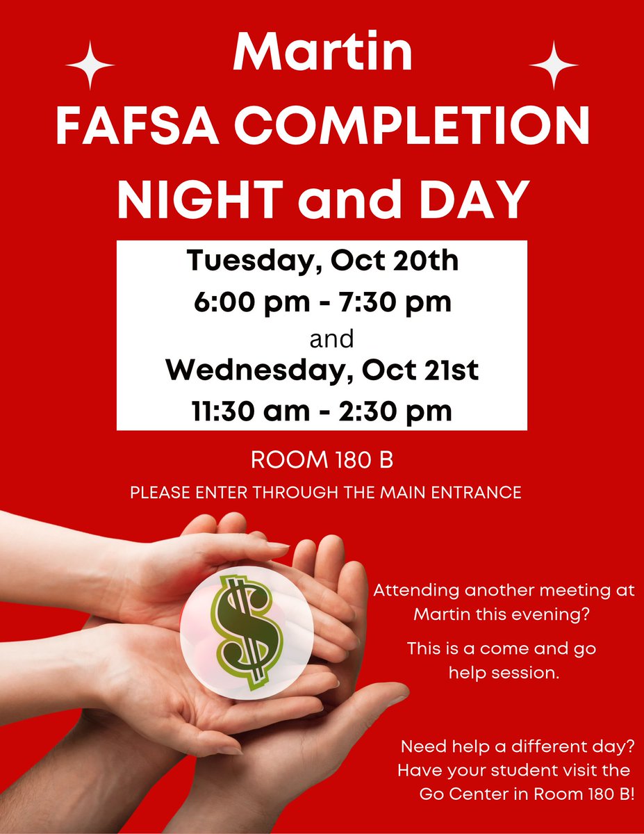 MartinHigh's tweet photo. **MHS Class of 2027**
Just a friendly reminder that our Martin FAFSA Completion Sessions are this week:
10/20,  6:00-7:30 pm in room 180B or 10/21, 11:30-2:30 in room 180B
Can't make it to either session? Help is available in the Go Center in room 180B any time they're open! https://t.co/onb32FqjWi