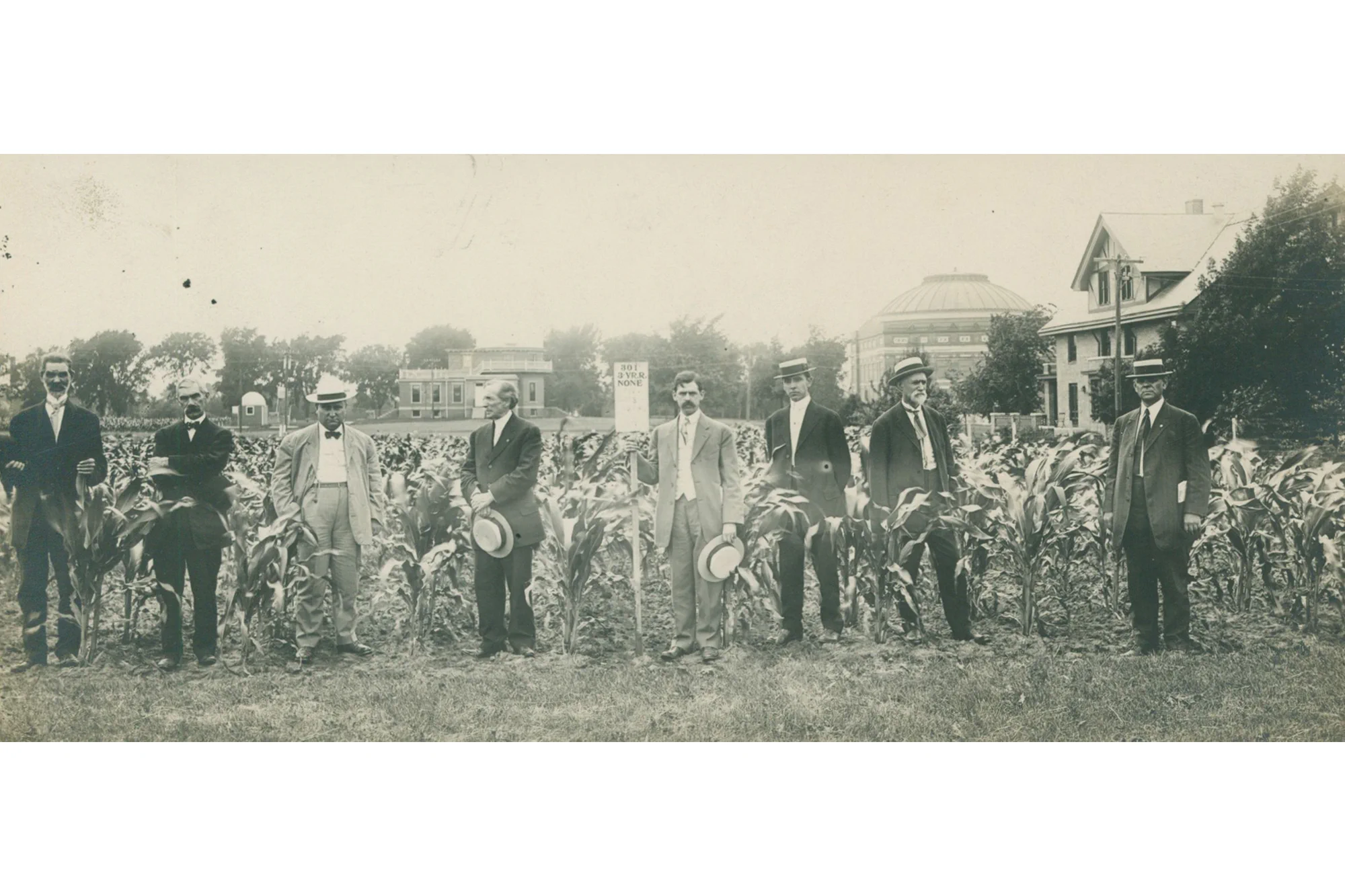 A group of people stand in a line behind a row of corn plants in an open field. They are dressed in early 20th-century formal attire, holding hats in their hands. In the background, large buildings and trees are visible, including a round pavilion-like structure.