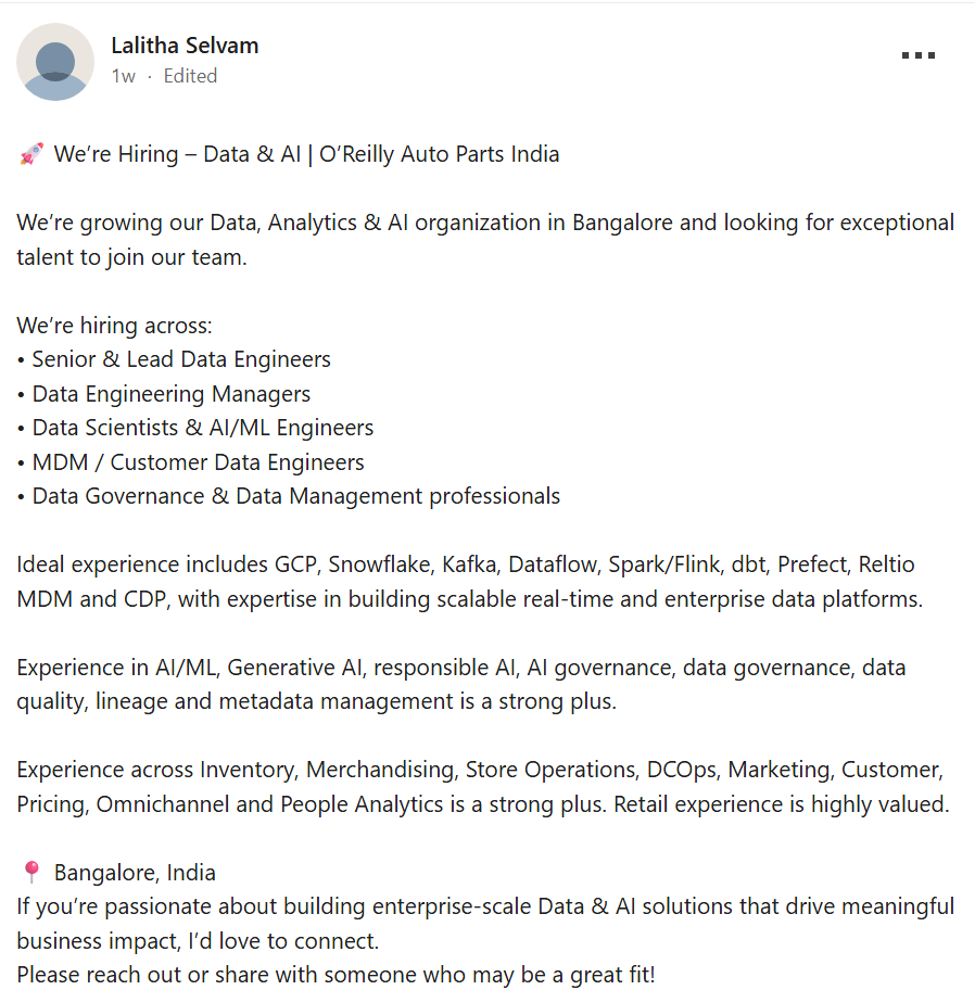 LayoffAI's tweet photo. O'REILLY NOW HIRING IN INDIA

O'Reilly Auto Parts cut American jobs. Then built a tech hub in Bengaluru, India.

Now they're hiring AI and data teams there, and they want people with retail experience.

The jobs aren't coming back. They're already gone.