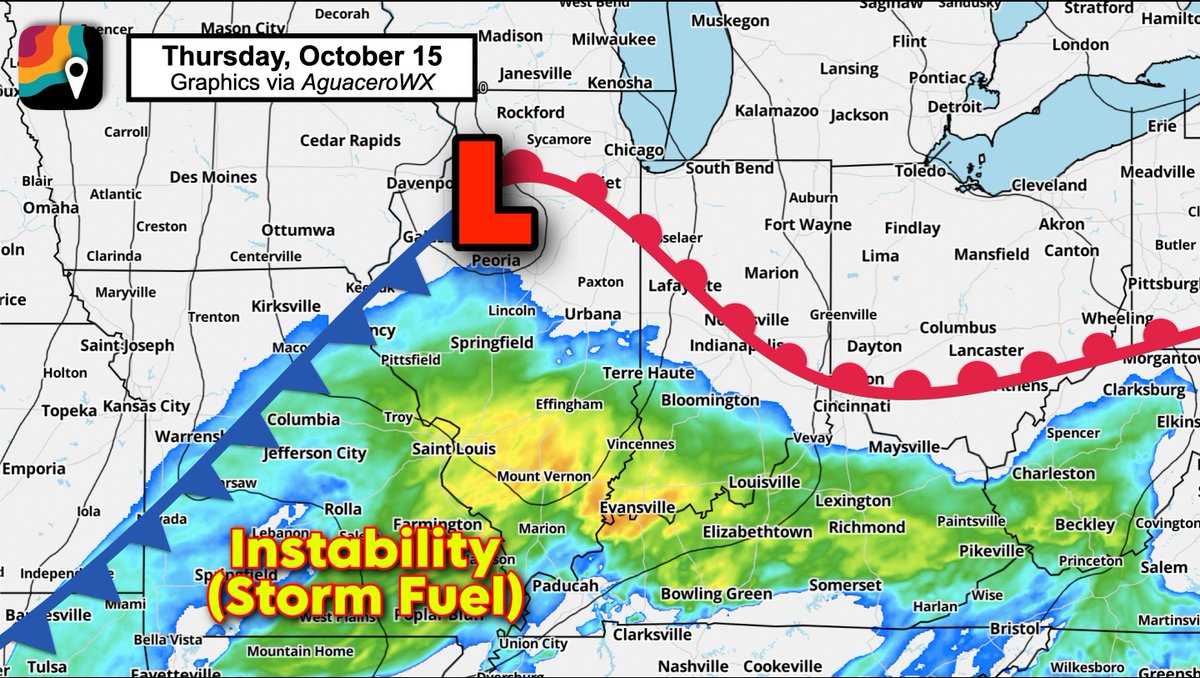 MatthewCappucci's tweet photo. If I was chasing, I'd be in Mt. Vernon, Illinois at the highway intersection and having a Casey's chicken sandwich.

Differential heating/outflow boundary nearby, a bit more solar heating/instability (storm fuel), and solid wind shear. Probably a tornado within 50 miles. https://t.co/oakoS5Kn4u