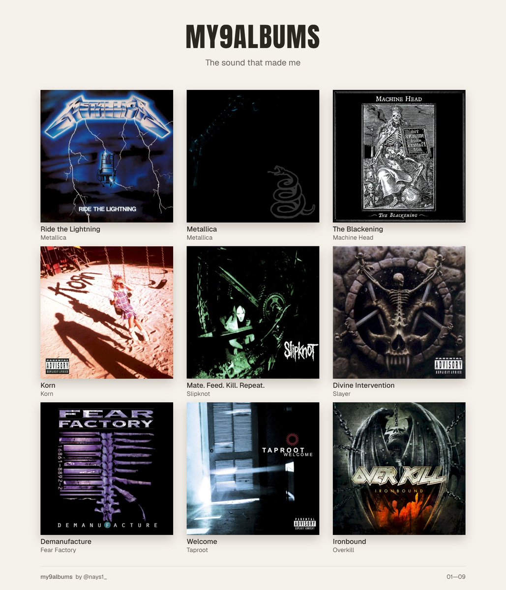 AS52895's tweet photo. I discovered #My9Albums today. It was hard trying to pick only 9 albums, but I managed to make a decision. It was fun, and it's a great way for the #Internet to get to know each other a little better. #Metallica #MachineHead #Slayer #KoRn #FearFactory #Taproot #Slipknot #Overkill https://t.co/65OFV2cH1E