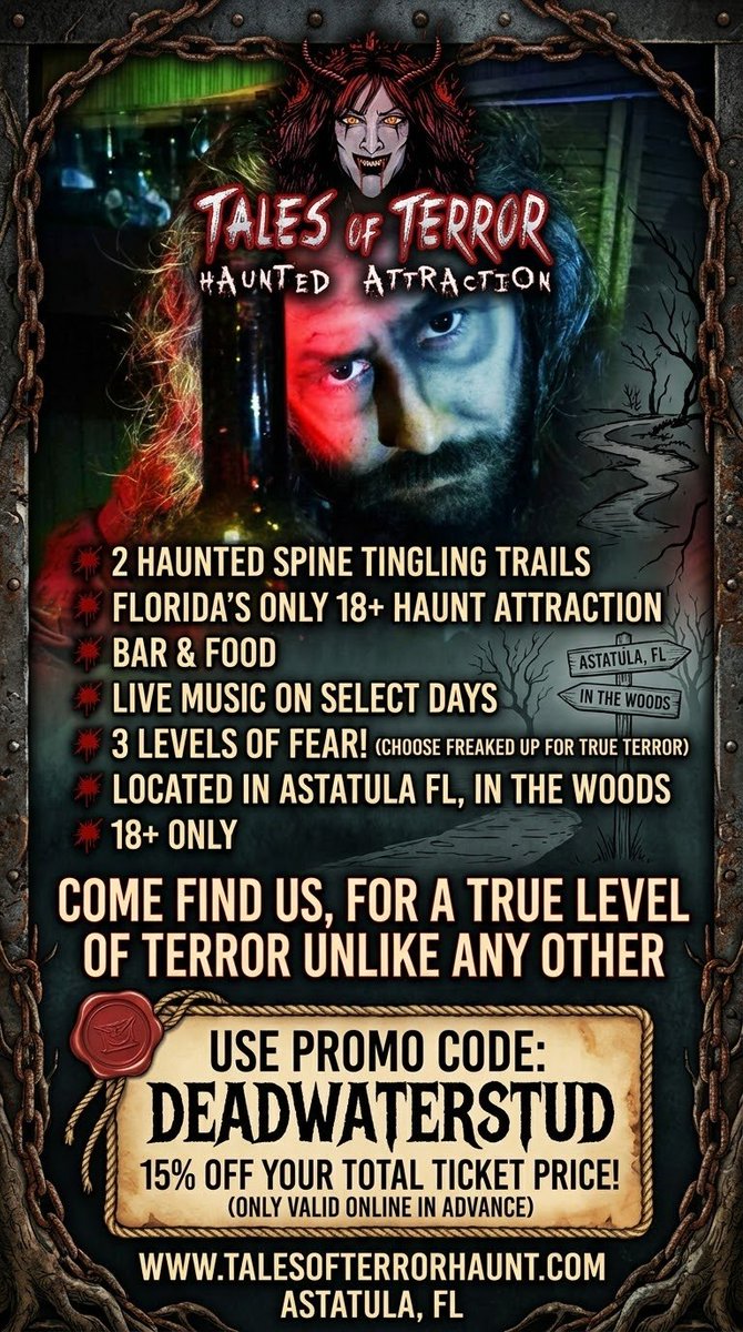 Nerdmusicmaker's tweet photo. 18 + only! astatula, fl
https://t.co/vSRVCrIGNz 
 astatula, fl
https://t.co/QIlmnyTCta 
Choose your own fear level 
Come find us, for a true level of terror unlike any other
Use promo code DEADWATERSTUD 
15% off your totals ticket price! 
only valid online in advance https://t.co/2AIJDRMqKB