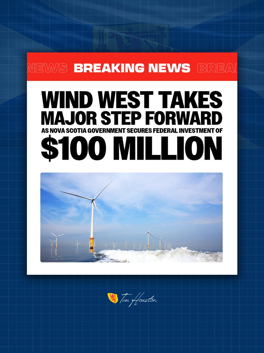 TimHoustonNS's tweet photo. Nova Scotia is on the verge of becoming a clean energy superpower.

Wind West took a big leap forward thanks to our government securing $100 million in federal funding to advance the project. Offshore wind has the potential to unlock billions of dollars in economic activity, which means good-paying jobs, new revenue, a path to lower taxes, and better public services.