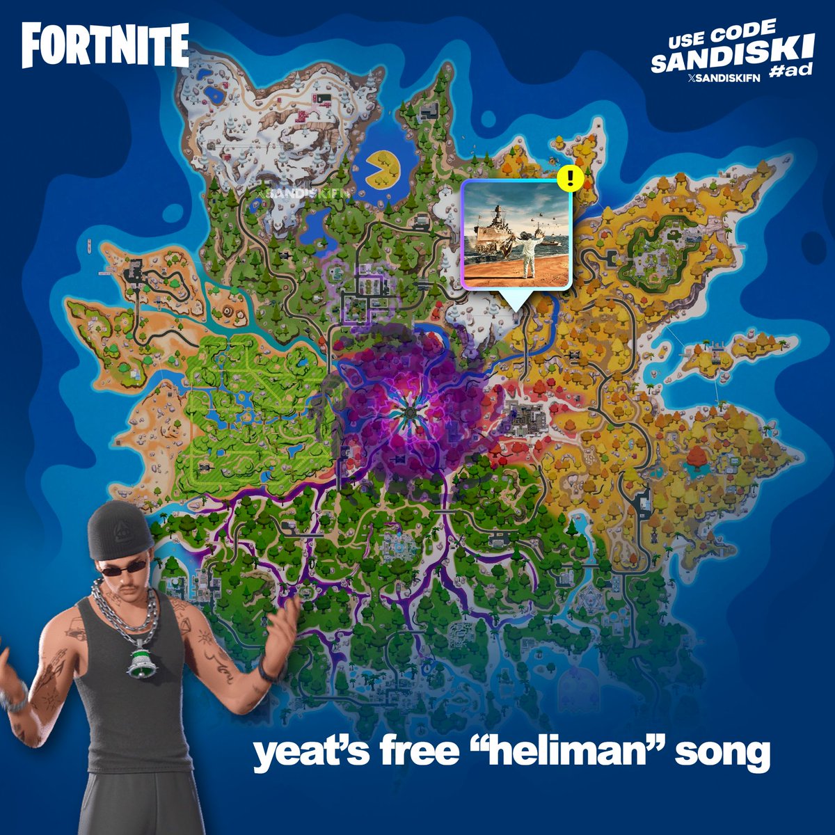 sandiskifn's tweet photo. 🎵 MÚSICA GRATUITA: Fale com o NPC de Yeat na localização abaixo, conclua sua Tarefa Urgente e receba a Música “HeliMAn” gratuitamente no Fortnite! https://t.co/CKy6hRhPKs