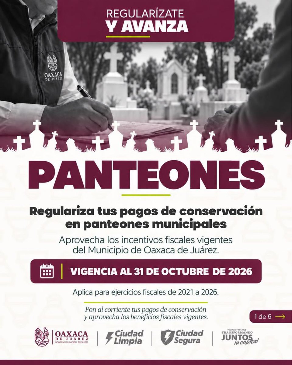 MunicipioOaxaca's tweet photo. 🕯️ ¿Tienes adeudos en panteones municipales?

✅ 100% de descuento en multas y recargos.
📅 Hasta el 31 de octubre.
📄 Lleva póliza, último recibo e INE.
📍 Unidad de Panteones o cajas autorizadas.

#VecinasYVecinos #TransformandoJuntosLaCapital #OaxacaDeJuárez https://t.co/kq3G2emkiG
