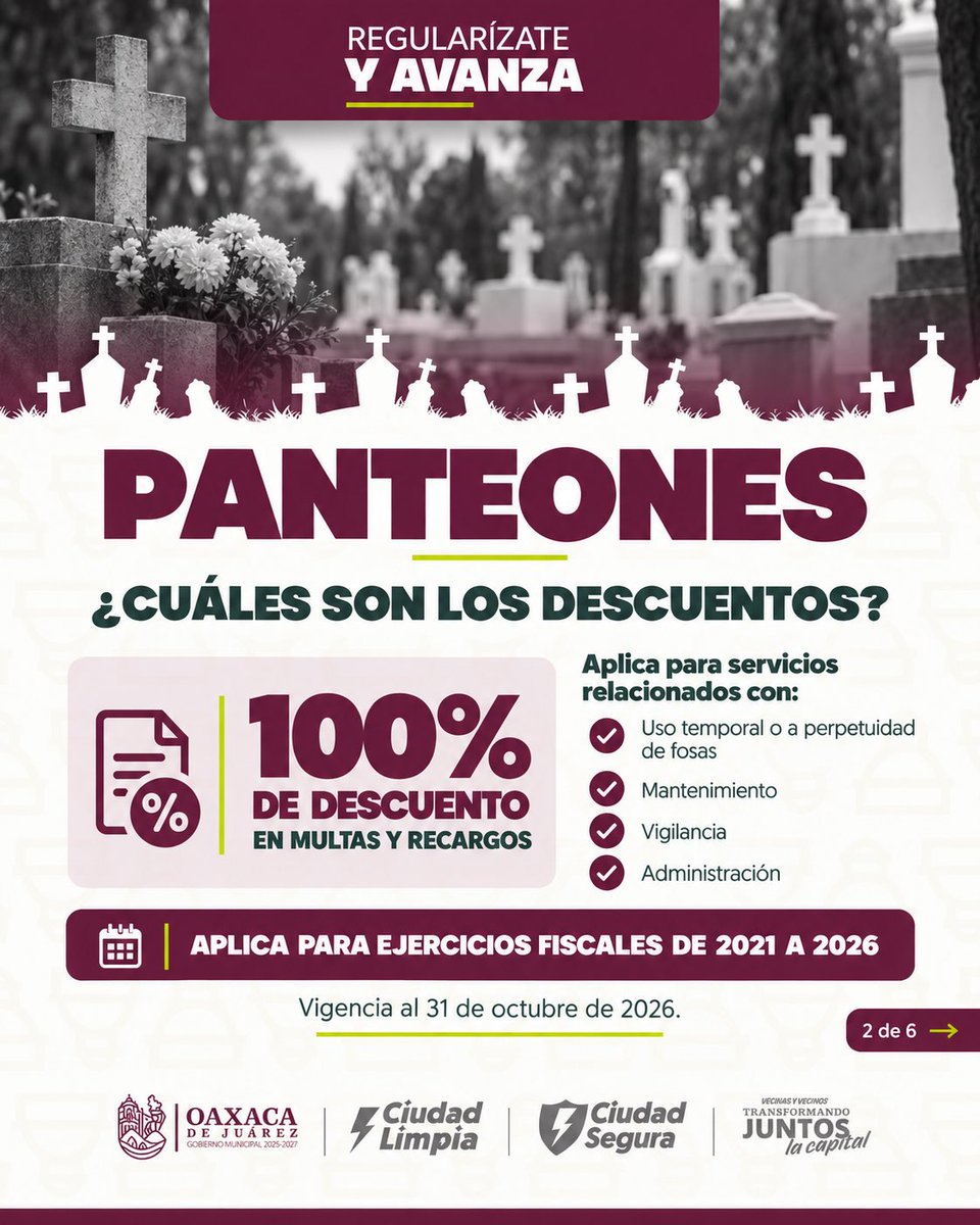 MunicipioOaxaca's tweet photo. 🕯️ ¿Tienes adeudos en panteones municipales?

✅ 100% de descuento en multas y recargos.
📅 Hasta el 31 de octubre.
📄 Lleva póliza, último recibo e INE.
📍 Unidad de Panteones o cajas autorizadas.

#VecinasYVecinos #TransformandoJuntosLaCapital #OaxacaDeJuárez https://t.co/kq3G2emkiG