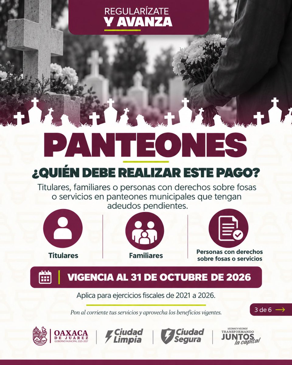 MunicipioOaxaca's tweet photo. 🕯️ ¿Tienes adeudos en panteones municipales?

✅ 100% de descuento en multas y recargos.
📅 Hasta el 31 de octubre.
📄 Lleva póliza, último recibo e INE.
📍 Unidad de Panteones o cajas autorizadas.

#VecinasYVecinos #TransformandoJuntosLaCapital #OaxacaDeJuárez https://t.co/kq3G2emkiG