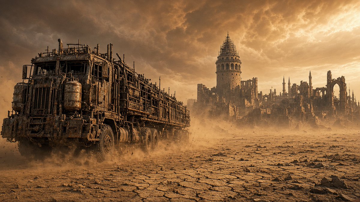 gurkandev's tweet photo. rewatched Fury Road last night and my brain is still stuck in the desert 🔥

dropped 4 Grok Imagine takes — war rig heat, the Citadel, night chase chaos, and a dry Bosphorus Istanbul twist

which one's your favorite?

#GrokImagine #AIArt #PromptDesign #MadMax #FuryRoad https://t.co/SQPTb8rN9L