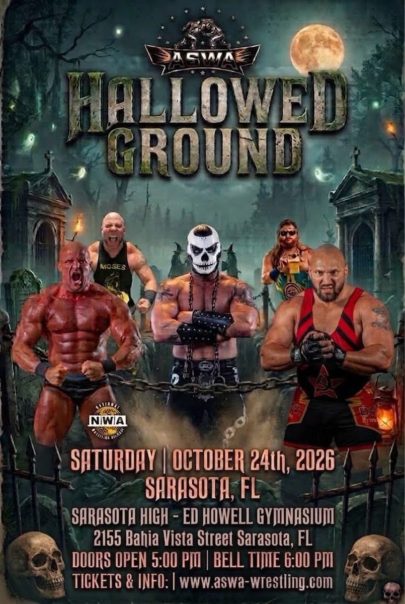 jimmolineaux's tweet photo. 💥ONLY 9 DAYS AWAY💥

ALL STAR WRESTLING ASSOCIATION 
PRESENTS
💀HALLOWED GROUND💀

Sat. Oct. 24, 2026
Doors open at 5pm
Belltime at 6pm

Sarasota High School
Ed Howell Gymnasium
2155 Bahia Vista St.
Sarasota, Fl.

Tickets - https://t.co/LZoiF7mCkG
Get your tickets NOW!!

#ECW https://t.co/Pohlj57KZn