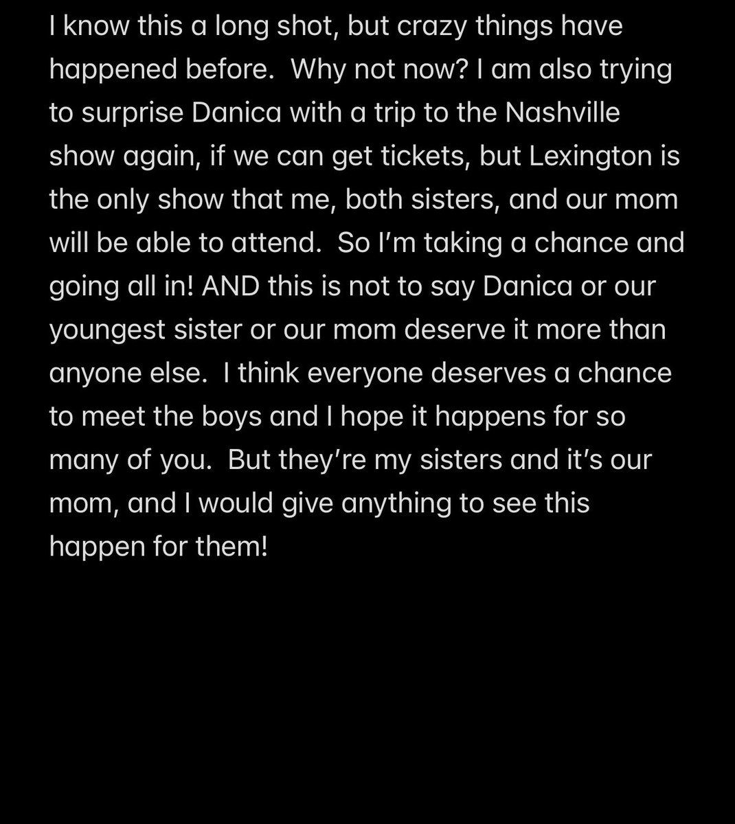 jonastickethelp's tweet photo. If the @jonasbrothers really do see everything, maybe #NickMeetDanica #JobrosMeetSamAndMom will happen this weekend in Lexington 💕 https://t.co/U7TbJvJnFQ