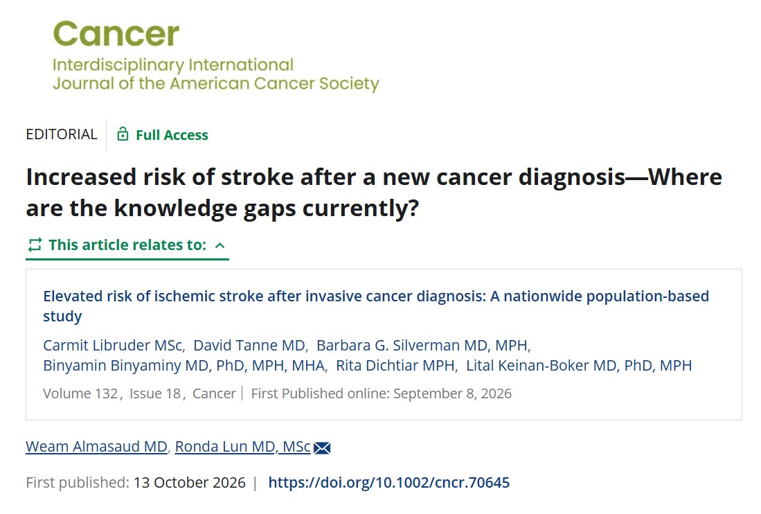 JournalCancer's tweet photo. New editorial by Drs. Weam Almasaud &amp; Ronda Lun of @DCNSNeuro 🧠 Increased risk of stroke after a new cancer diagnosis—Where are the knowledge gaps currently? https://t.co/R5A3ghQVDd

Accompanying article: https://t.co/LQCiw8gSXR

@OncoAlert #neuroonc https://t.co/bQIOlrZvXk