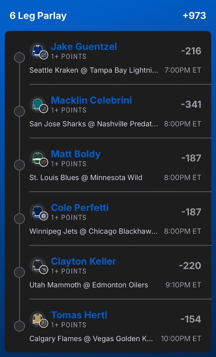 WILSONTIPS7's tweet photo. 🔥 6-LEG NHL POINTS PARLAY 🏒💰

🔹 Jake Guentzel — 1+ POINT
🔹 Macklin Celebrini — 1+ POINT
🔹 Matt Boldy — 1+ POINT
🔹 Cole Perfetti — 1+ POINT
🔹 Clayton Keller — 1+ POINT
🔹 Tomas Hertl — 1+ POINT

🎯 ODDS: +973

🏒 6 LEGS • 6 POINT PROPS • LET’S CASH! 🔥💵 https://t.co/w4DzWgrYjt
