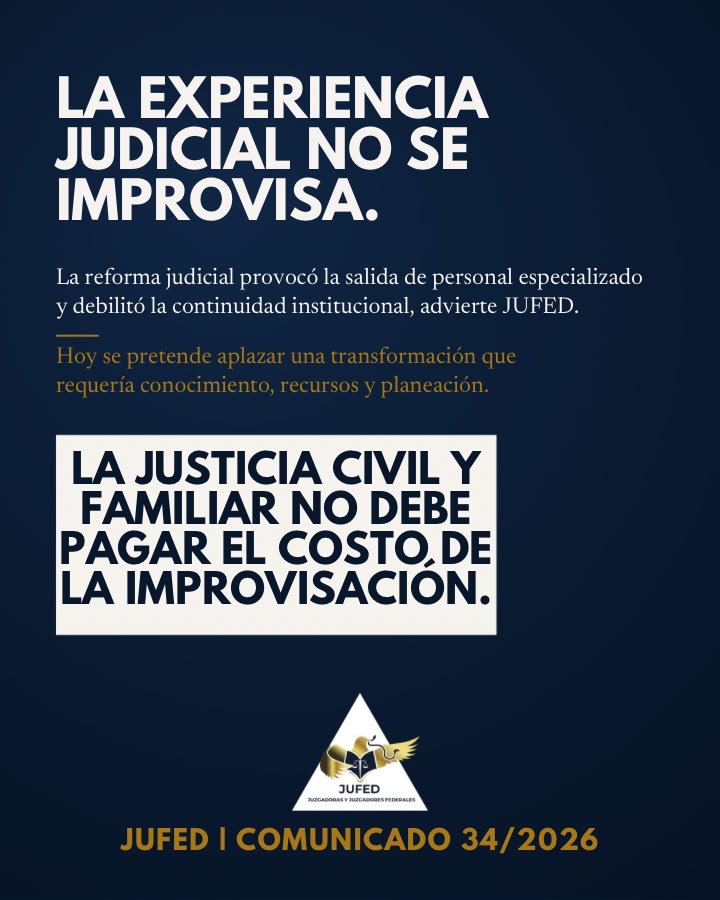 jufed_org's tweet photo. Desmantelar la carrera judicial tiene consecuencias. Y ya están a la vista.

Desde JUFED advertimos que la improvisación no solo debilita a los tribunales: compromete el acceso a la justicia de millones de personas.

La experiencia judicial no se sustituye por decreto. Y el costo no debe pagarlo la ciudadanía.

#JUFED