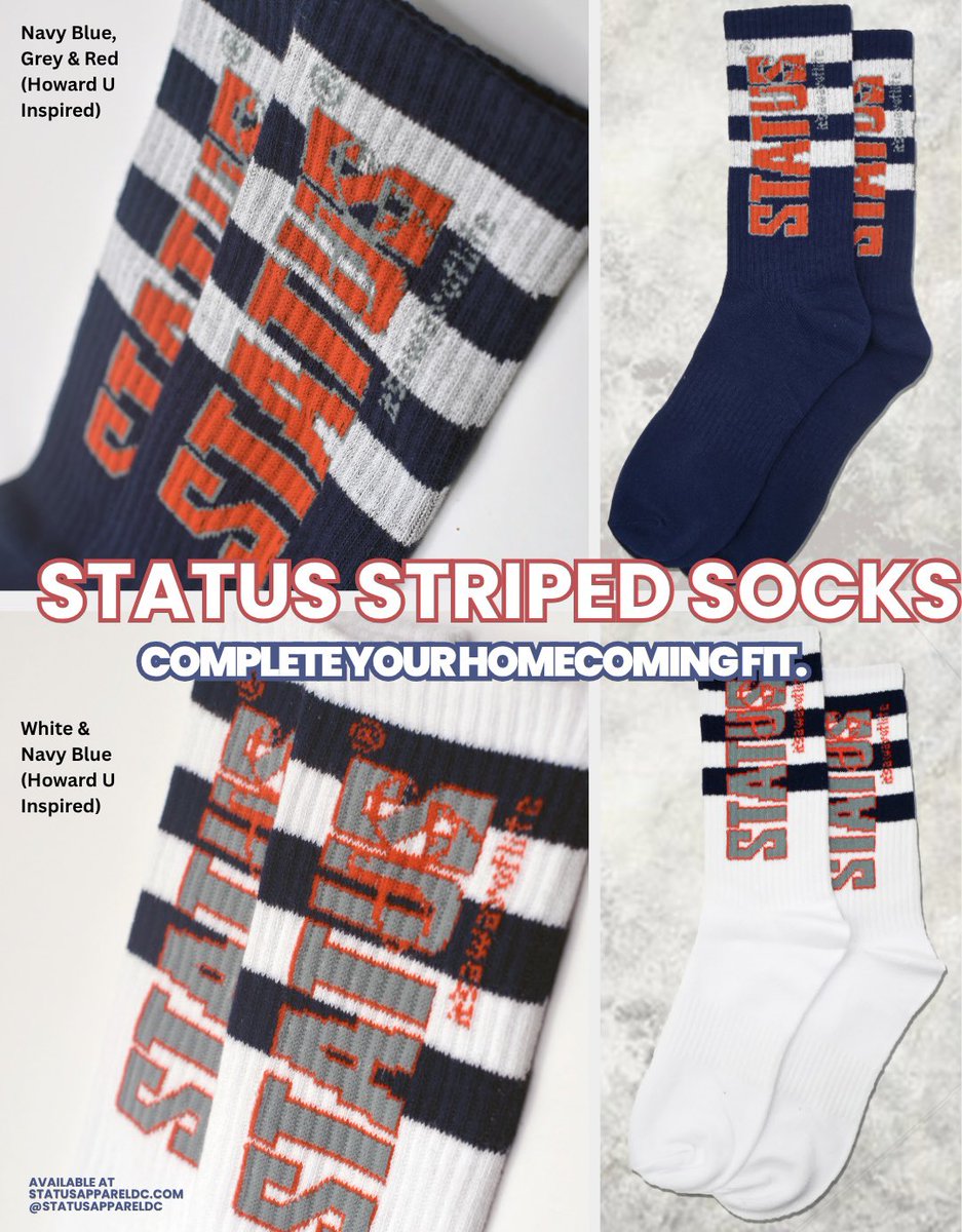 StatusGang's tweet photo. 🔴🔵 DID YOU KNOW? Howard-inspired, the Status way!

🧦 Status Striped Socks in TWO colorways
🧵 HU MADE 4” embroidered patch

Complete your Homecoming fit! 🔥

🛍️ https://t.co/NeJeW3PmwS

University-inspired. Not affiliated with or licensed by Howard University. https://t.co/TiCCF2CvYg