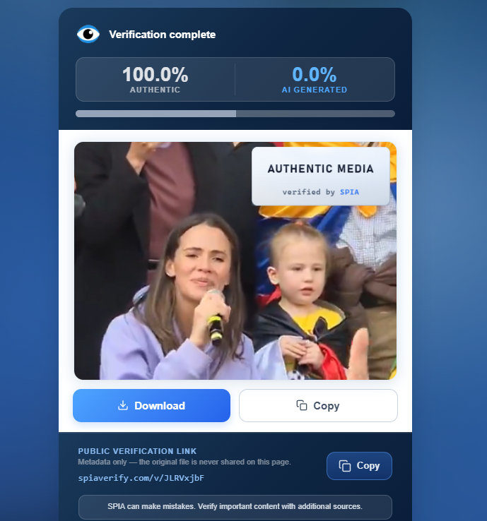 spiaverifai's tweet photo. @MafeCarrascal Se ha verificado un 0% de IA en el video. https://t.co/sq2ZvCK8fM