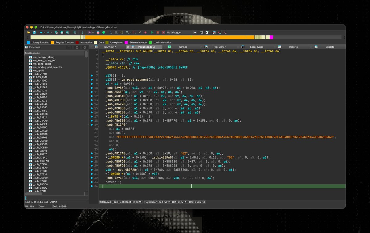 cr3ghost's tweet photo. This is why the anti-cheat arms race is getting so interesting.

Riot is pushing Vanguard further into hardware-backed trust, attestation, VBS/HVCI, IOMMU and deeper platform security.

At the same time, AI-assisted reverse engineering is making it much faster to tear apart the software sitting on top of those protections.

@k0mkc is showing heavily devirtualized VGK internals and says he can now devirtualize the entire thing.

On the EAC side, @in19h has published tooling that recovers large parts of a heavily virtualized Easy Anti-Cheat Linux sample into readable code and IDA artifacts:

https://t.co/gp1E7W4Uon

There is an important parallel here with EDR.

An EDR is only as effective as the detection engineering, threat hunting and R&D behind it. Anti-cheat works the same way.

You need researchers constantly following new techniques, detection engineers turning that research into useful telemetry and detections, and people actively hunting for behaviour that existing rules may miss.

That means continuously keeping up with:

- new cheat architectures
- kernel abuse
- BYOVD
- hypervisors
- DMA
- firmware tricks
- input manipulation
- virtualization + obfuscation
- new bypass techniques

The game was already there. AI is speeding it up and lowering the barrier to reversing, classification, devirtualization and research.

That forces both sides to iterate faster.

A lot of respect to the Vanguard team as well. They have clearly been keeping up with some of the most cutting-edge work in Windows security, hardware-backed trust, kernel security and anti-cheat research, and their recent Vanguard On-Demand changes show how quickly the defensive side is evolving too.

This is becoming a much faster research cycle on both sides.

Where does the arms race go next?

Huge credit to @k0mkc and @in19h for the research.

#AntiCheat #ReverseEngineering #WindowsInternals