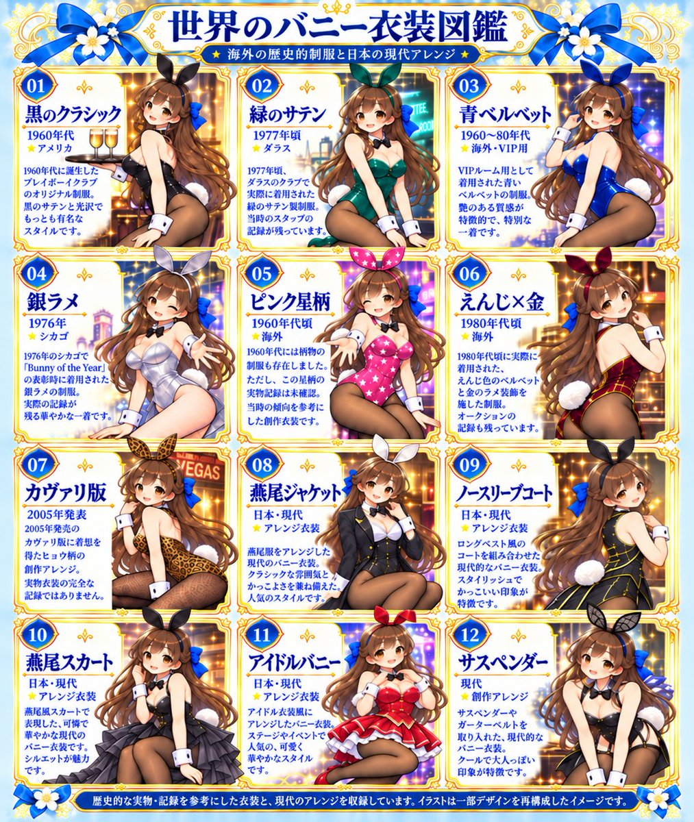 nannan_blue's tweet photo. 世界のバニー衣装の歴史・・・・
ではなくバニー衣装図鑑！！

歴史あるクラブ制服から、現代のアレンジ衣装まで！

なんなんちゃんに12種類のバニー衣装を着てもらいました！！

調べれた範囲内での図鑑となります。足りないもの、違ってるもの等あった場合は優しく教えてね！！

※歴史資料を参考にした創作イラストです。実物の完全再現ではありません。
