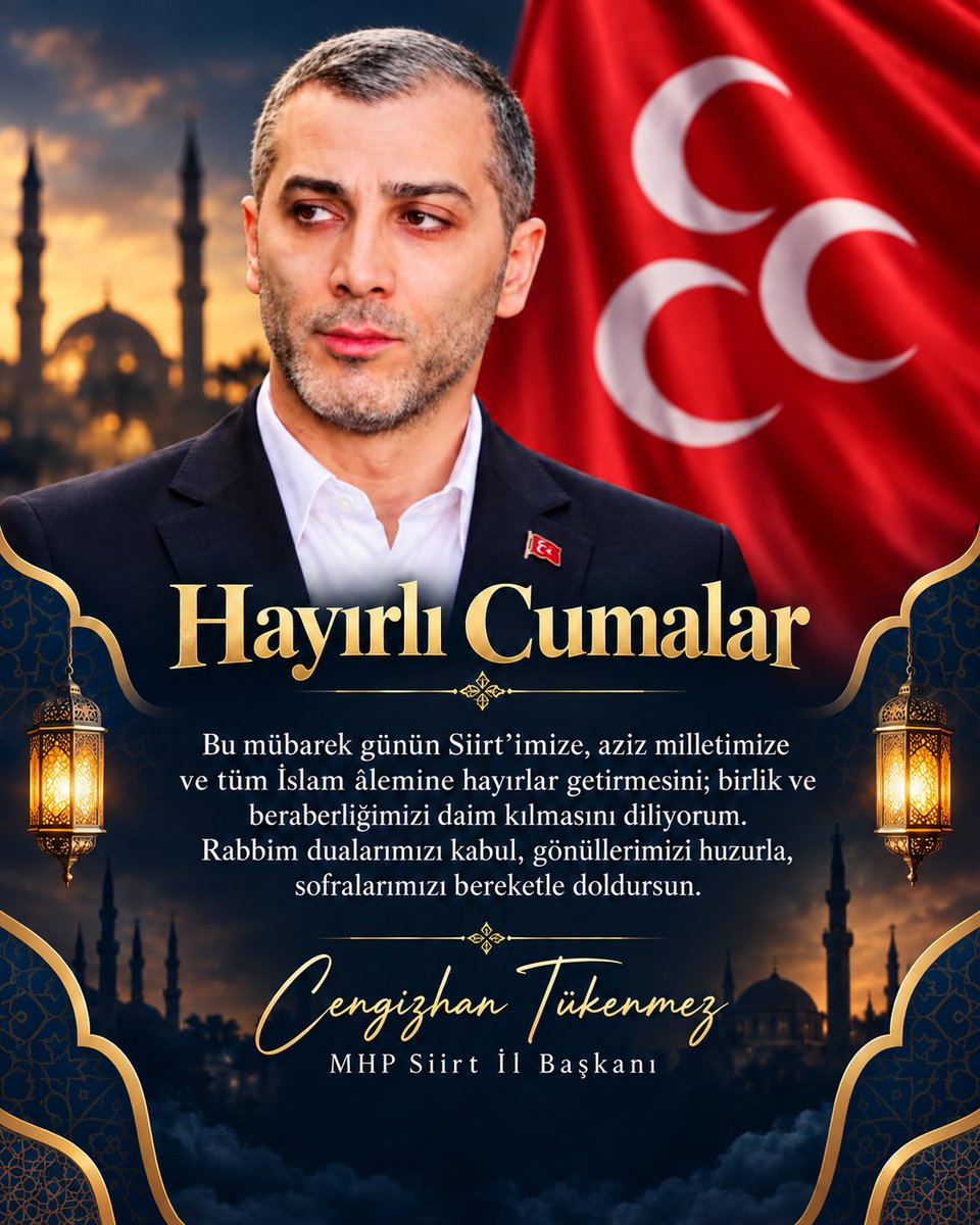 Cengizhantukenm's tweet photo. Bu mübarek günün Siirt'imize, aziz milletimize ve tüm İslam alemine hayırlar getirmesini; birlik ve beraberliğimizi daim kılmasını diliyorum. Rabbim dualarımızı kabul, gönüllerimizi huzurla, sofralarımızı bereketle doldursun.
#HayırlıCumalar
#MHP https://t.co/bLOlheznX2