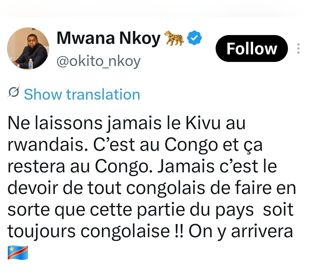 Ali_Rukaliza's tweet photo. Someone named "Nkoyi," a Muluba from roughly 800 km away from 𝗞𝗶𝘃𝘂—𝗮 𝗞𝗶𝗻𝘆𝗮𝗿𝘄𝗮𝗻𝗱𝗮 𝘄𝗼𝗿𝗱—declares that they must "never let Rwanda 🇷🇼 reclaim the land."

That "fight" is apparently happening on Twitter/X.

The hilarity. 

Modern-day Rwanda 🇷🇼 ISN'T even interested in reclaiming its ancient lands. At all.