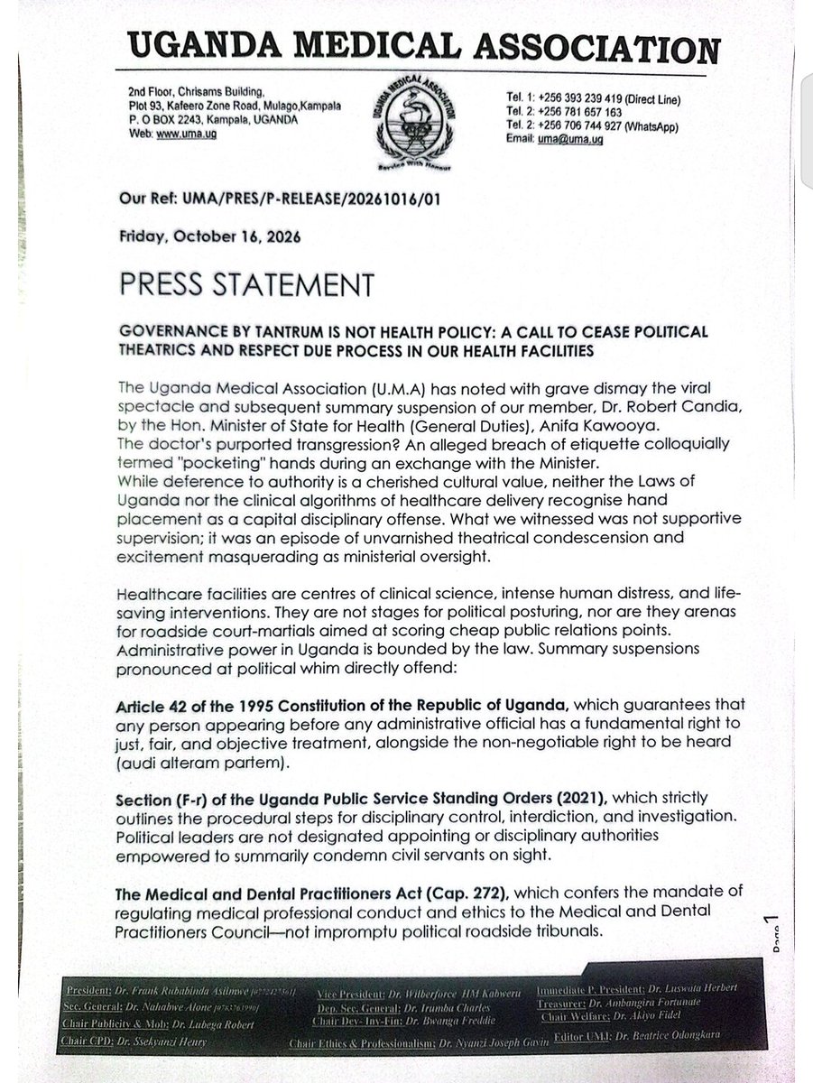 TheUMAofficial's tweet photo. GOVERNANCE BY TANTRUM IS NOT HEALTH POLICY 

U.M.A condemns the unlawful summary suspension of Dr. Robert Candia by Hon. Min. of State for Health, Hon. Anifa Kawooya. We demand:
✅ Immediate rescission of the suspension
✅ An end to political theatrics in our health facilities https://t.co/zA509zN1Q3
