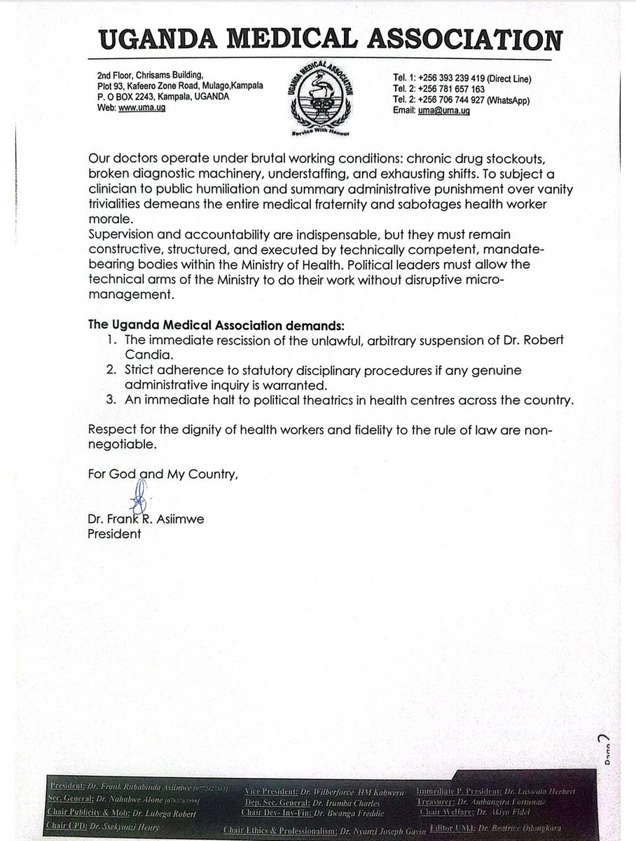 TheUMAofficial's tweet photo. GOVERNANCE BY TANTRUM IS NOT HEALTH POLICY 

U.M.A condemns the unlawful summary suspension of Dr. Robert Candia by Hon. Min. of State for Health, Hon. Anifa Kawooya. We demand:
✅ Immediate rescission of the suspension
✅ An end to political theatrics in our health facilities https://t.co/zA509zN1Q3