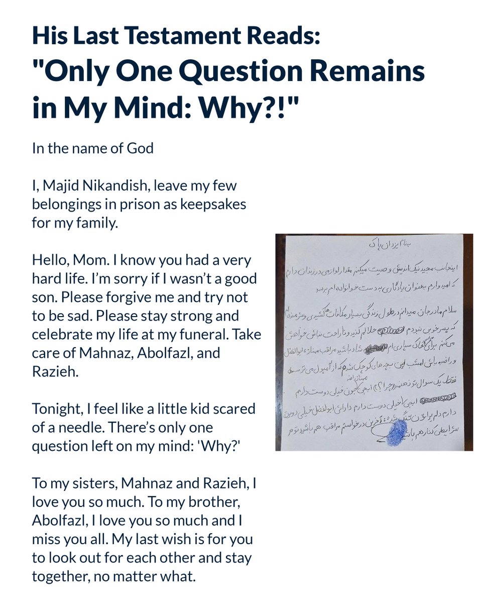 PahlaviComms's tweet photo. Majid Nikandish, a true soldier of Iran, was arrested and executed by the Islamic Republic after refusing to open fire on protesters who took to the streets of Mashhad during Iran's January National Uprising.

A photo of his final testament, written hours before his execution, was recently released. In it, Majid speaks of his love for his family and asks them to celebrate his life at his funeral. He emphasizes that only one question remains on his mind: "Why?"

This is the question every awakened conscience must ask today to amplify the voices of these innocent political prisoners: Why does the Islamic Republic execute the children of Iran on baseless and fabricated charges?

We will never forget Iran's fallen heroes. Justice will prevail!