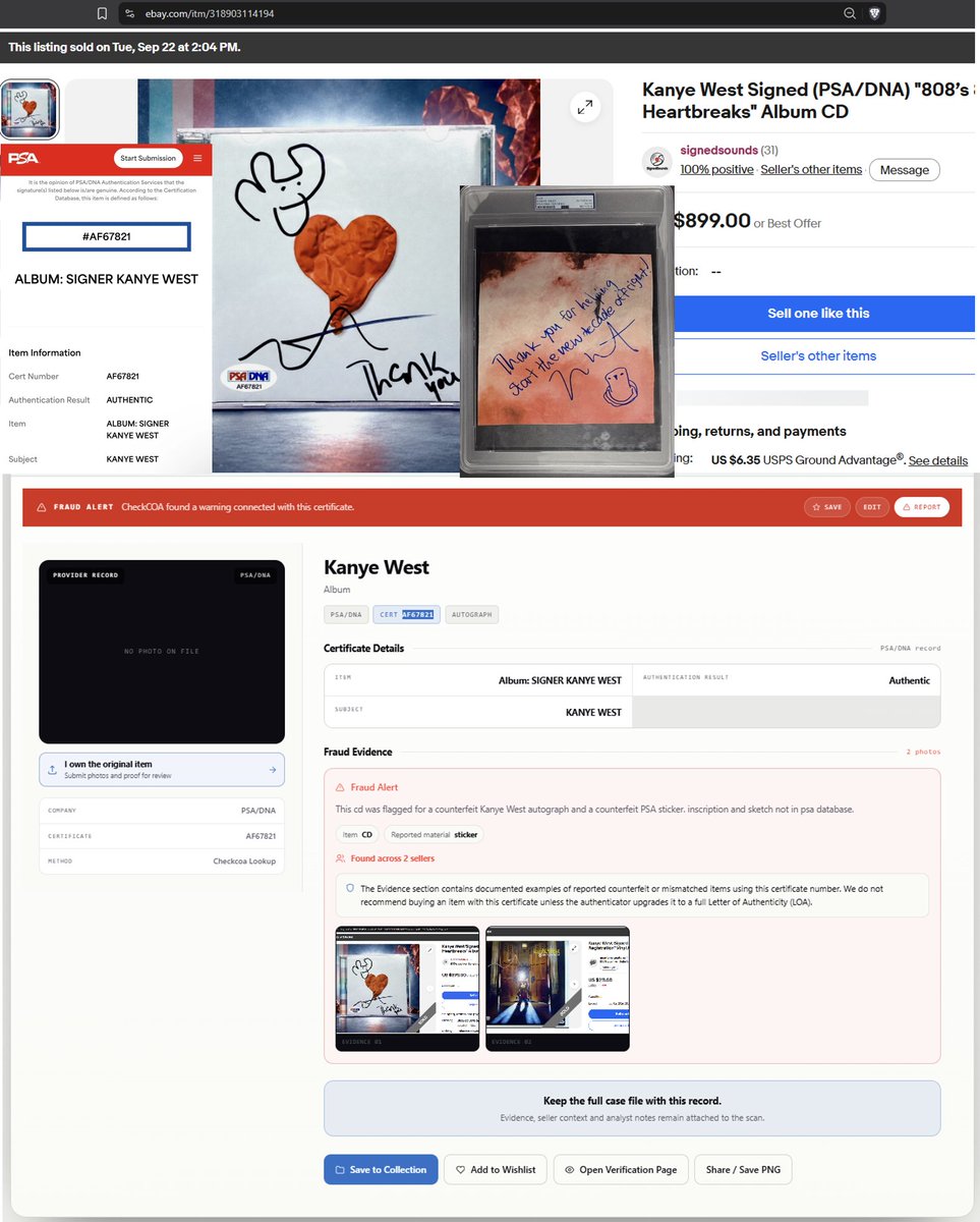 renoipgp's tweet photo. I often come across fake autographs on @eBay  with inscriptions or sketches meant to make them worth more. The forgers at least try to make the autograph look right. With inscriptions, they take much more freedom with the handwriting and add them wherever they think they'll help sell the piece. Kanye did draw similar bears, but I've only come across one genuine “Thank you” from him, and the handwriting is completely different from the one on this seller's CD.

The seller is signedsounds: Kanye covers with drawings and “Thank you,” Drake with “SCORPION 2018,” Brady helmets with “7X SB CHAMP” or “GO BLUE.” I've watched this seller relist and sell each of these items several times. 

@CheckCOA  flags the featured Kanye and Drake examples for fake autographs and fake PSA stickers, and the Kanye cert number appears on a different album cover too. Don't pay extra for supposed rarity without checking what you're actually buying.