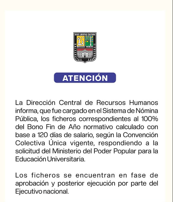 NoticiasDpatria's tweet photo. La Dirección Central de Recursos Humanos informa, que fue cargado en el Sistema de Nómina Pública, los ficheros correspondientes al 100% del Bono Fin de Año normativo calculado con base a 120 días de salario, https://t.co/uBcldmtY1F