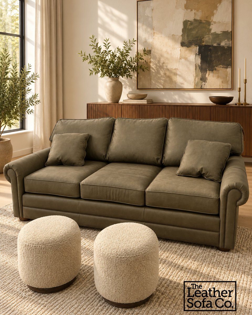 leathersofaco's tweet photo. Bring warmth into your space with olive tones and soft textures. Paired with two bouclé ottomans, our Lexington sofa is shown in Aspen Fern.

#OrganicModern #TexasMade #LeatherSofaCo https://t.co/k3OwNPwbRZ