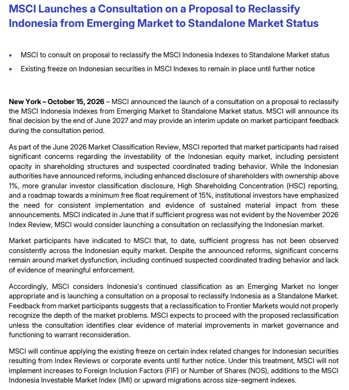 taobanker's tweet photo. MSCI is considering double-downgrading Indonesia to standalone market https://t.co/ii3elF1nax