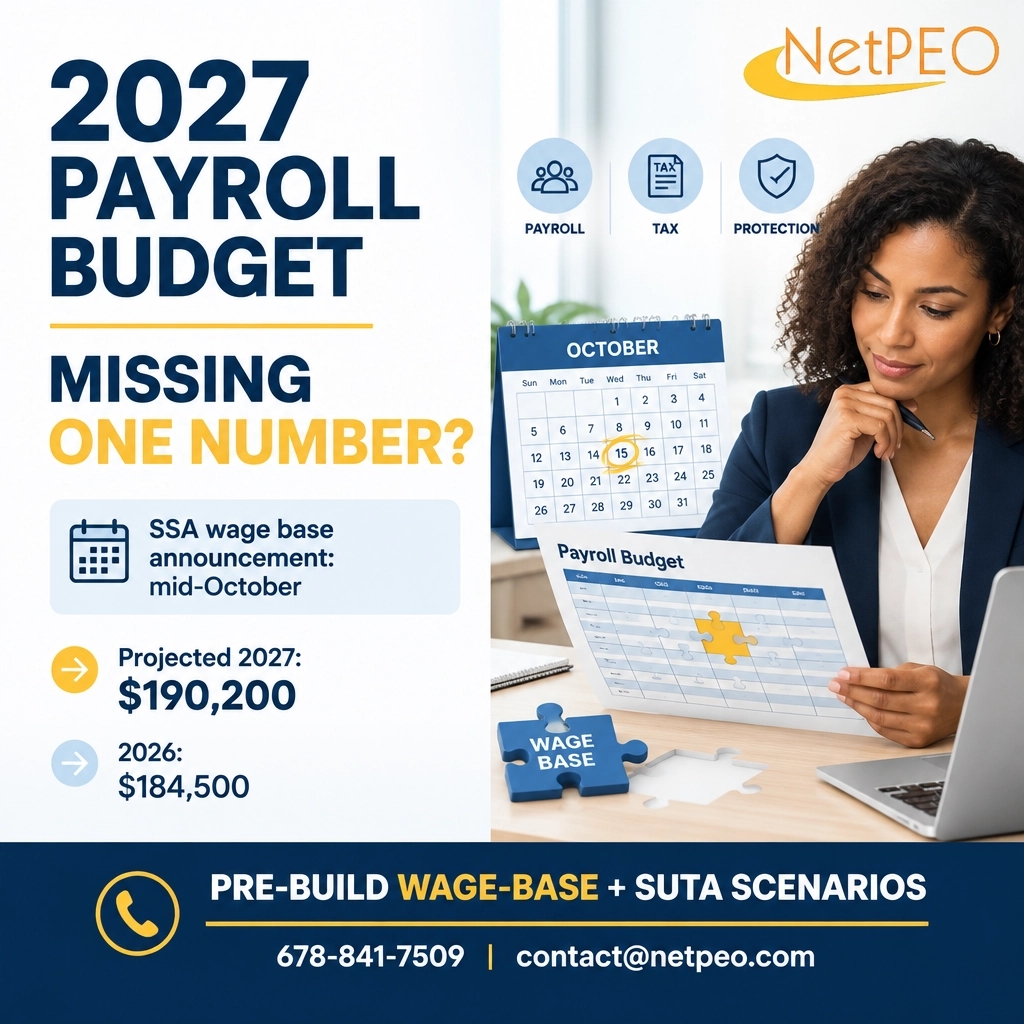 netpeo's tweet photo. 678-841-7509 | contact@netpeo.com
Your 2027 payroll budget is missing a number that hasn't been published yet.
SSA mid-Oct.; PEO broker pre-builds SUTA. Built, or waiting? #PEO #PEOBroker #PEOrevolution https://t.co/NS4Y0Fudvi