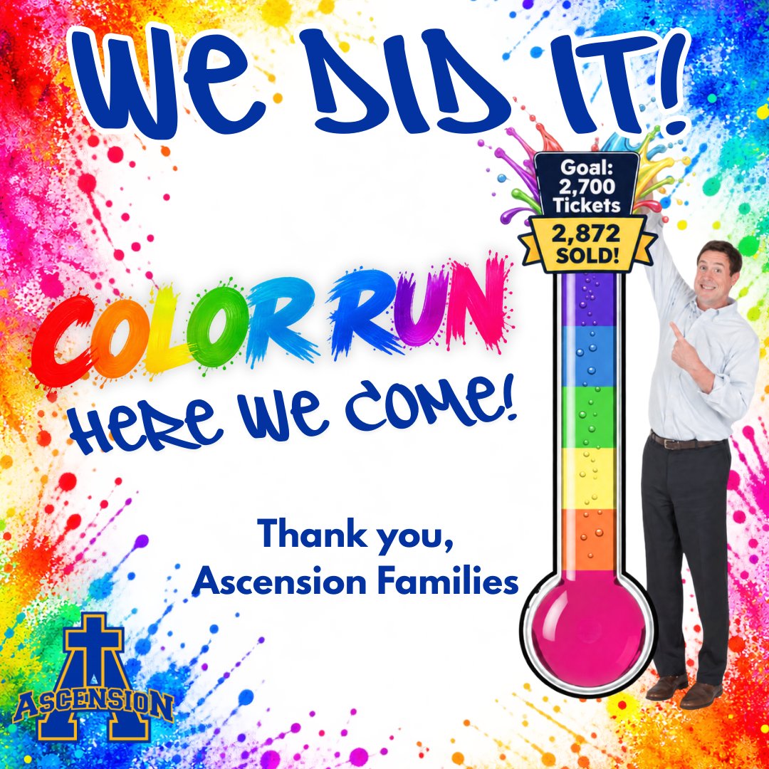 ascmullaney's tweet photo. WE DID IT! Color Run, here we come! 🌈🏃

With 2,872 EMS tickets sold, we surpassed our goal! Thank you to our amazing Ascension community for your hard work and support. We couldn’t have done it without you!

Way to go, Longhorns! 💙💛 https://t.co/SEt7cBaU7Y