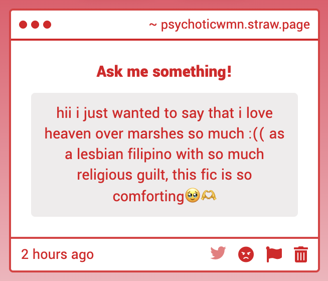 psychotic_wmn's tweet photo. stuff like this is literally the best ever to hear. I love all you guys so much, and hearing that people find comfort in my work, especially hotm, is so rewarding🥹🥹🥹 https://t.co/vNJmhl7lrx