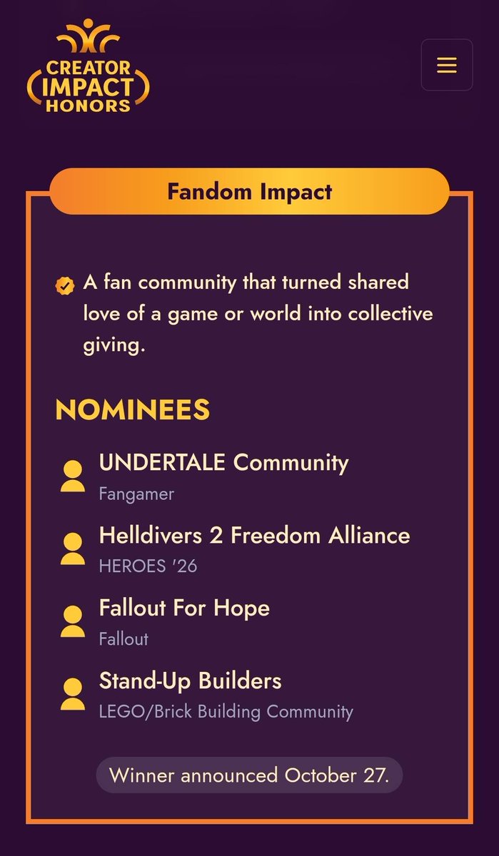 FalloutForHope's tweet photo. It also appears we are not QUITE done as we were. :)

I've been informed by our friends at @tiltify that we've been nominated for their 1st annual Creator Impact Honors, a yearly celebration of streamers, creators and teams who have gone above and beyond in the name of others. 

We've been nominated for the Fandom Impact award, a fan community that turned the love of a game or world in collective giving. 

The winners across all categories will be announced October 27th and us being nominated against the great many names on these lists is an honor. 

You should all be exceptionally proud.
Best community in gaming.
