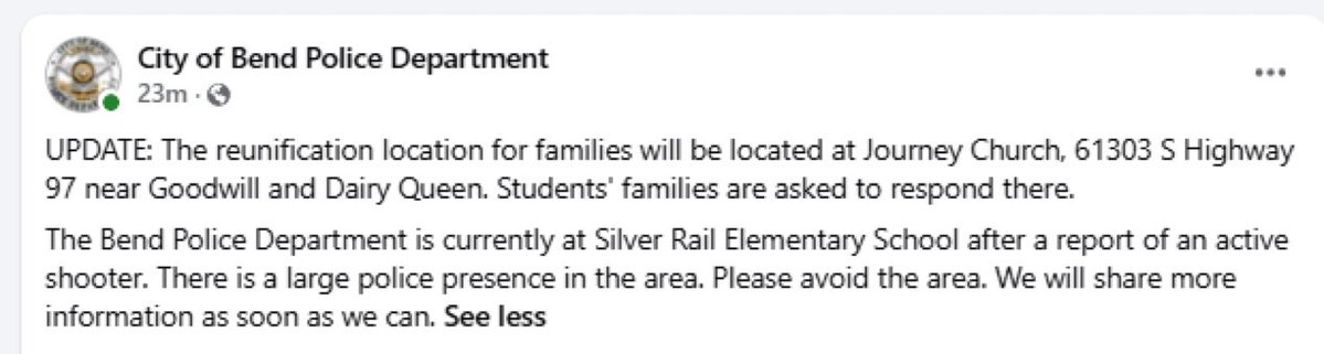 AlertaNews24's tweet photo. 🇺🇸 | AHORA: La policía de Bend, Oregón, dice que el lugar de reunificación para las familias estará ubicado en la Journey Church en medio de un tiroteo activo reportado en la Escuela Primaria Silver Rail. No hay información sobre víctimas todavía. https://t.co/ZYqoRsWj6B
