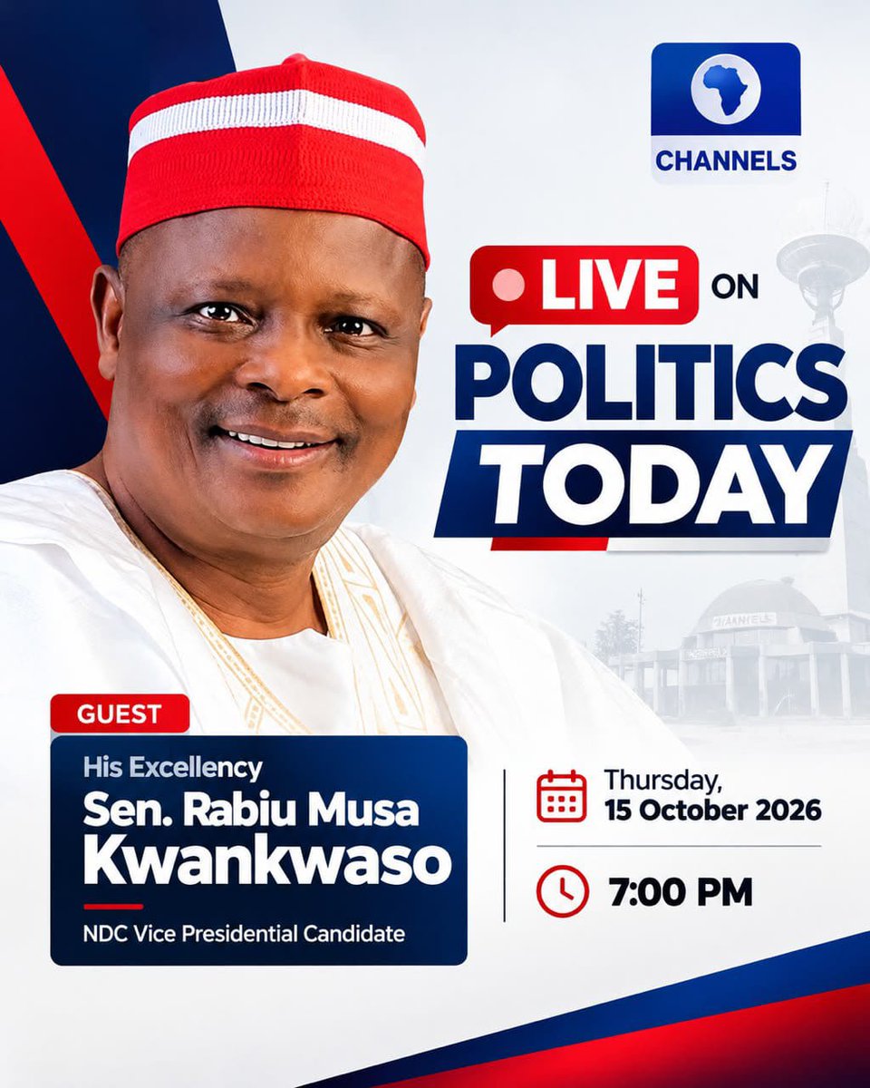 ObidientUpdate's tweet photo. Join the incoming Vice President of Nigeria, Senator @KwankwasoRM, this evening as he appears on @seunokin's Politics Today on Channels TV.

Time is 7 PM WAT.

Don't miss it. https://t.co/mKDkbx9GU4